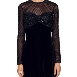 Sandro Black Mesh Velvet Long Sleeve Dress
